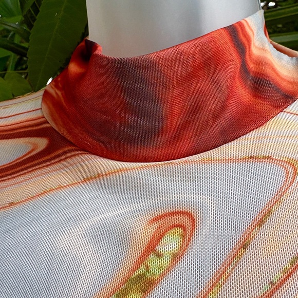 Blanc Mesh Copper Brown Swirl Top Size S 4 Crop Mock Neck Artsy Abstract Quartz - Picture 10 of 14